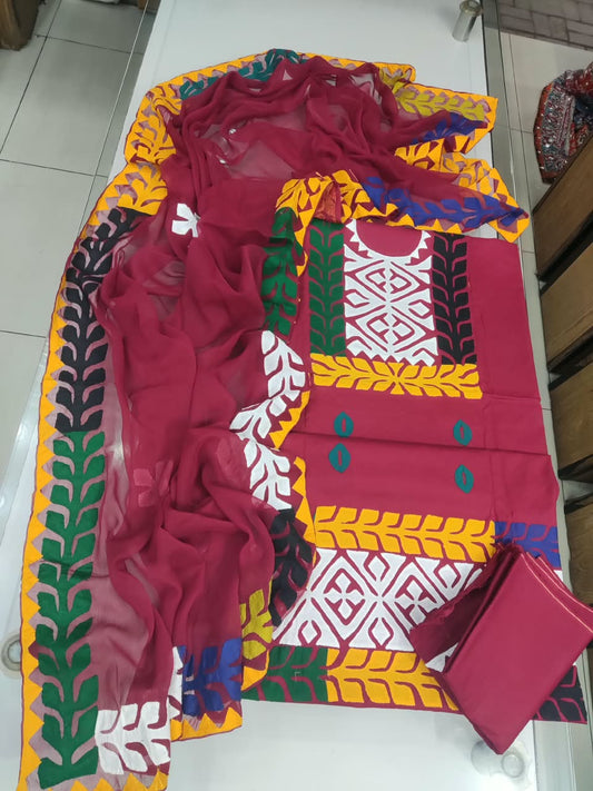 Handmade Sindhi Applique Panel Suit - Maroon Multi