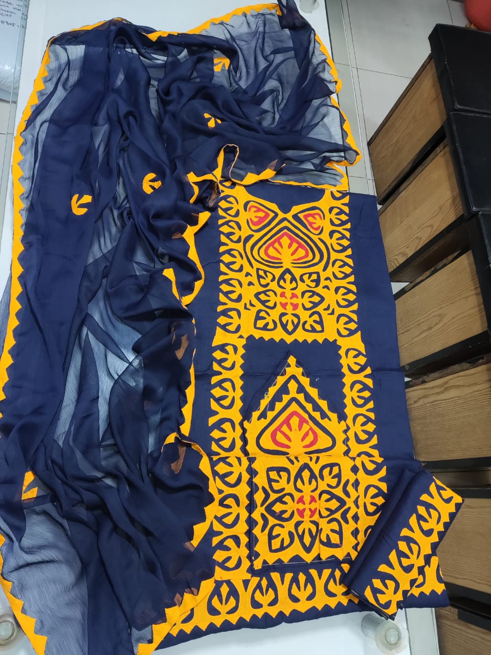 Handmade Sindhi Applique Panel Suit - Navy & Mustard