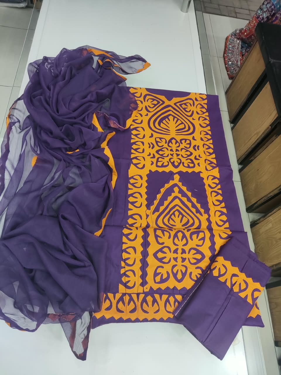 Handmade Sindhi Applique Panel Suit - Purple & Mustard