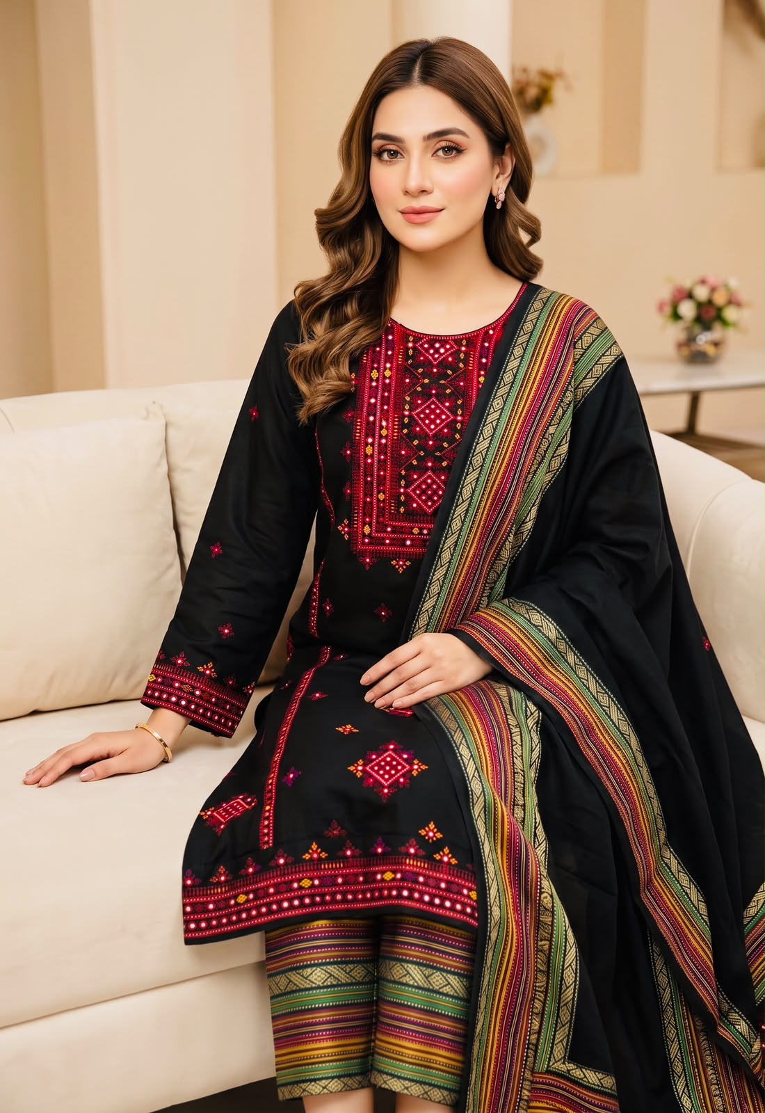 Sussi Balochi Embroidery Suit - 3Pc Shirt, Trouser & Dupatta - Black