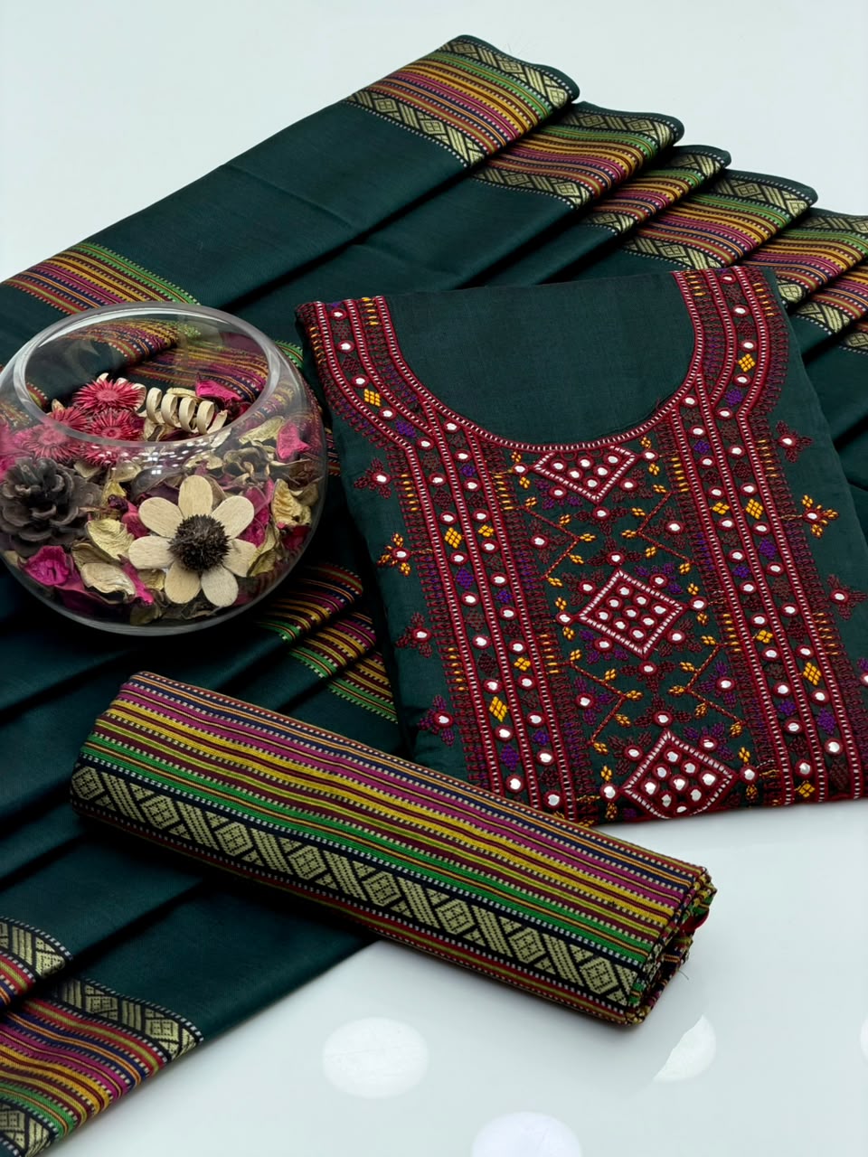 Sussi Balochi Embroidery Suit - 3Pc Shirt, Trouser & Dupatta - Bottle Green