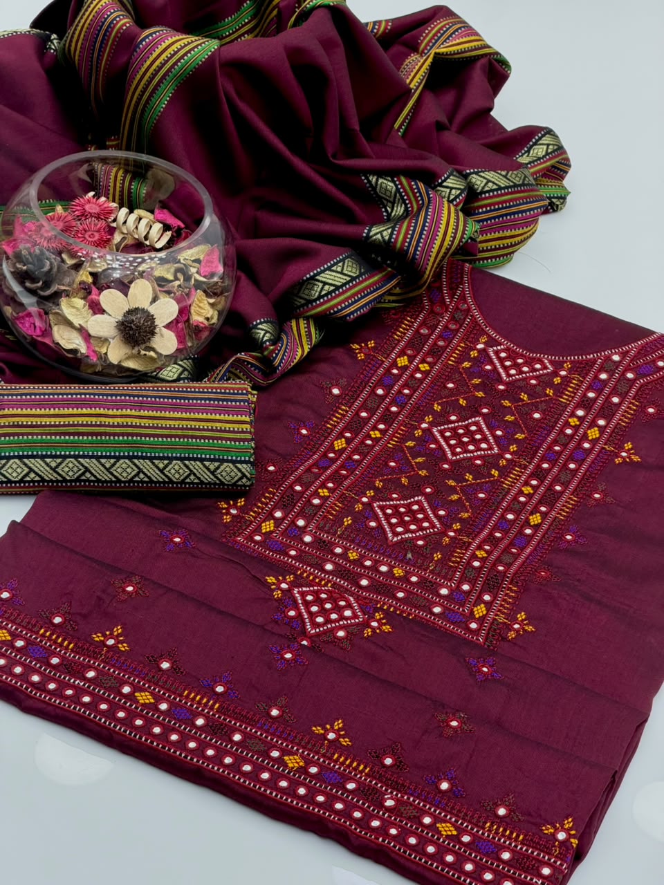 Sussi Balochi Embroidery Suit - 3Pc Shirt, Trouser & Dupatta - Maroon