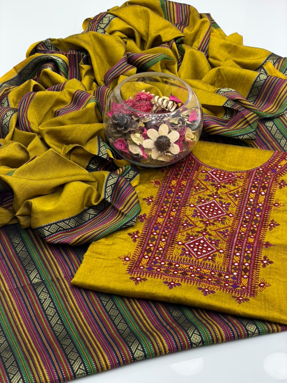 Sussi Balochi Embroidery Suit - 3Pc Shirt, Trouser & Dupatta - Mustard