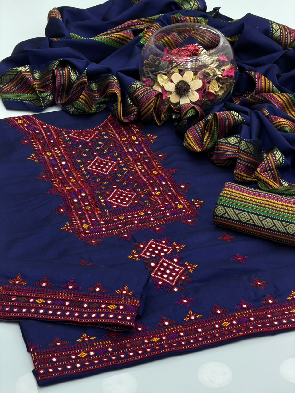 Sussi Balochi Embroidery Suit - 3Pc Shirt, Trouser & Dupatta - Navy Blue