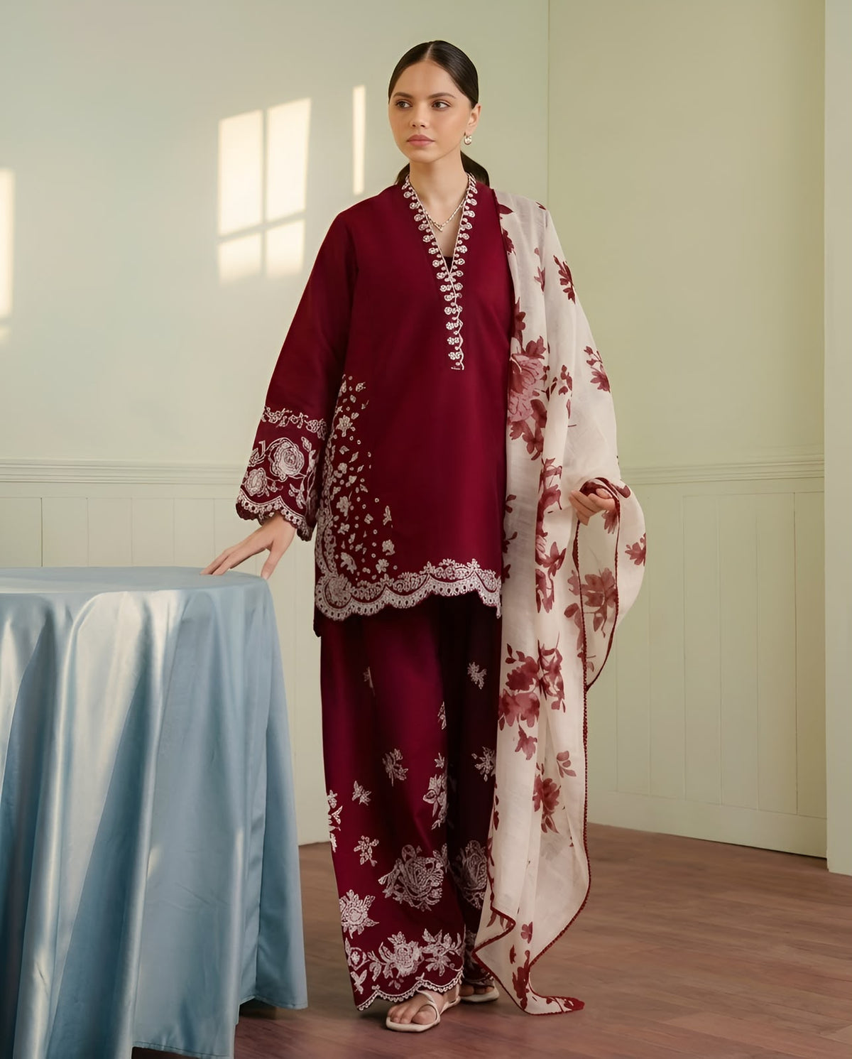 Zara Shah Jahan Dhanak Embroidered Suit - 3Pc Shirt, Trouser & Digital Print Dupatta - Maroon