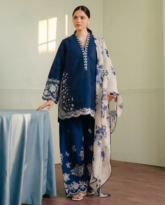 Zara Shah Jahan Dhanak Embroidered Suit - 3Pc Shirt, Trouser & Digital Print Dupatta - Navy Blue
